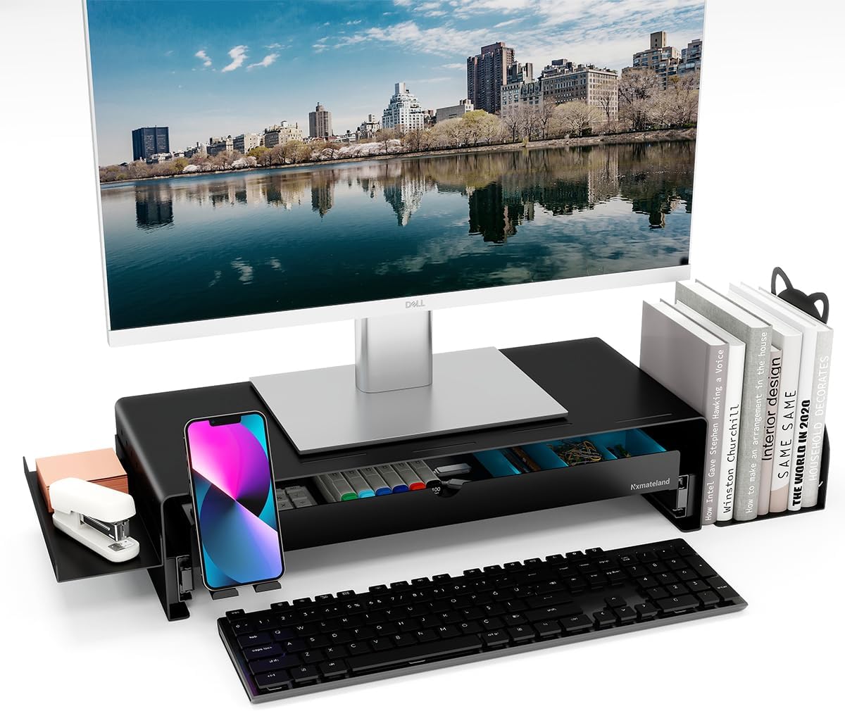 Metal Monitor Stand with Drawer Desk Organizer Heavy-duty Steel Home,Office,Dorm Desk Accessories Computer,Printer,Laptop,Notebook,iMac,Stand with Storage Tray Silent Slide Drawer Minimalist Industrial Style Workspace Organizer