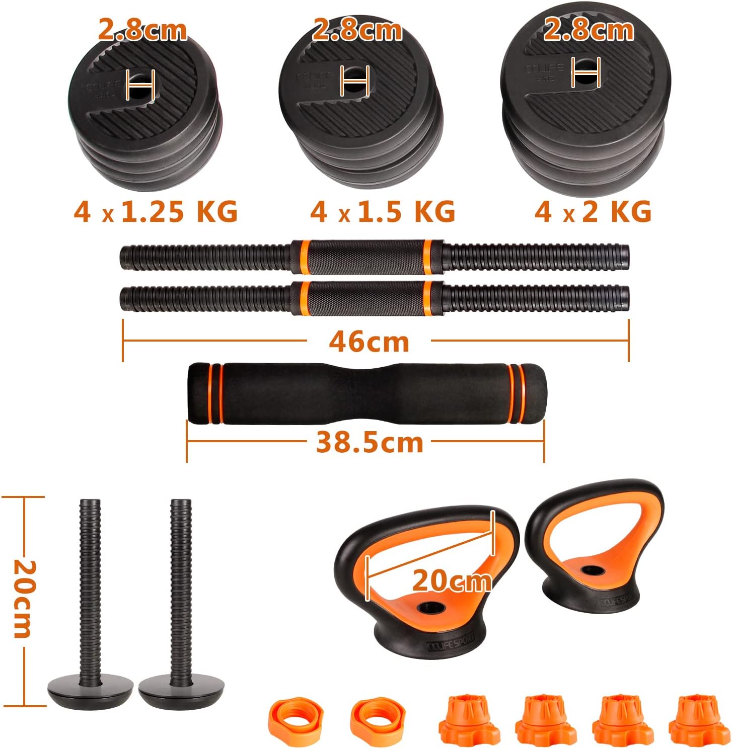 Diagram showing all components of the CCLIFE Adjustable Dumbbell Set with dimensions: weight plates (1.25kg, 1.5kg, 2kg), dumbbell bars (46cm), connecting rod (38.5cm), kettlebell handles (20cm), and safety nuts.