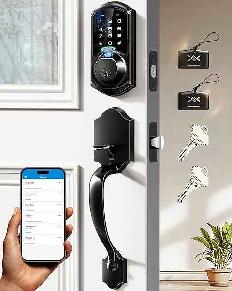 Veise VE07-H Fingerprint Smart Locks for Front Door with Handle Set, App Control, Keyless Entry Keypad Deadbolt, Digital Electronic Touchscreen, Easy Install, Auto Lock, Matte Black Matte Bl