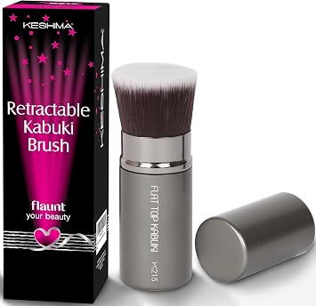 Retractable Kabuki Foundation Brush By Keshima - Premium Travel Brush | Flat Top Makeup Brush for Liquid, Cream, and Powder. Buffing, Blending, and Face Brush. Metallic Grey