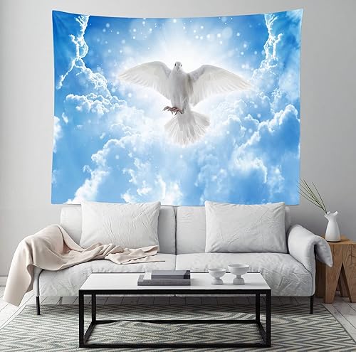 Miniatura 9 de Loccor Tapiz de Jesucristo con luz santa irradia, cielo azul, nubes blancas, palomas, para colgar en la pared, tapiz conmemorativo religioso,