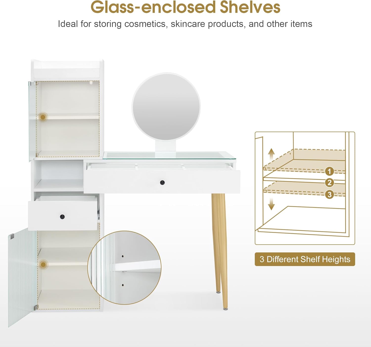 BarberPub White Vanity Table for Storage, Vanity Desk with Glass-Top Drawer & Mirror, Home Make-up Spa Salon Beauty Equipment 3375 (White)
