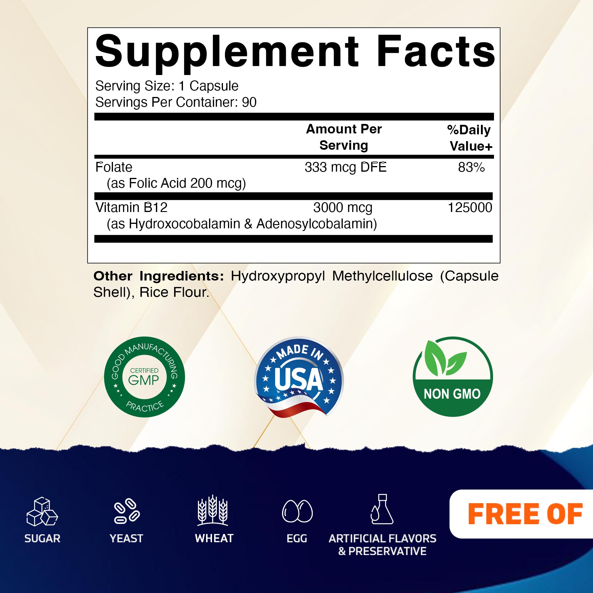 Vitamatic Adenosylcobalamin Hydroxocobalamin B12-3000 mcg with Folic Acid – Dual Active Form of B12 – Non-GMO, Gluten-Free, Sugar-Free – 90 Veg Capsules – Made in USA — Amazon image 2