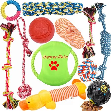 Aipper Dog Puppy Toys 12 Pack, Puppy Chew Toys for Playtime and Teeth Cleaning, IQ Treat Ball Squeak Toys and Dog Flying Disc Included, Puppy Teething Toys for Medium To Small Dogs, (Assorted Colors)