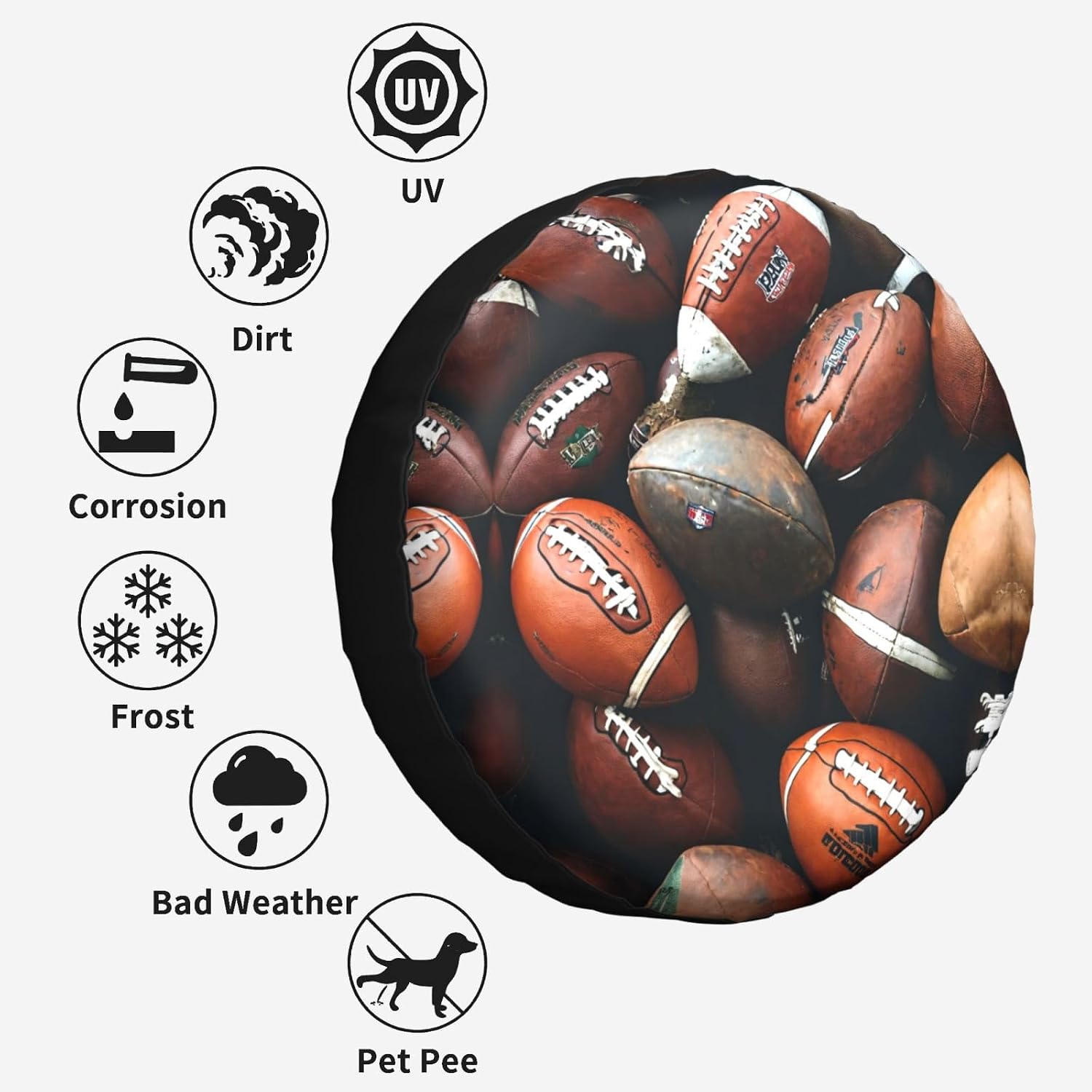 Pile of Footballs Print Tire Cover Universal Spare Wheel for Trailer Rv SUV Truck Camper Travel Accessories
