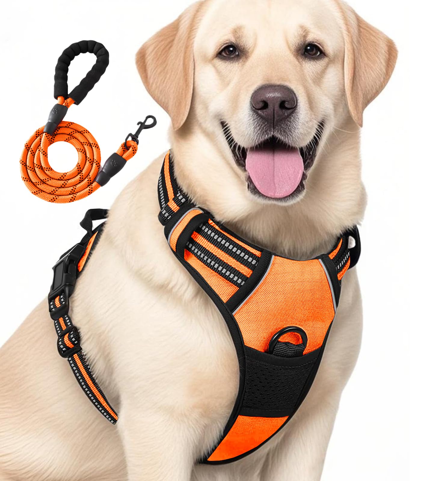 Jomkig No Pull Dog Harness Reflective No-Choke Harness with Front Back Clips Adjustable Soft Padded Pet Vest with Easy Control Handle for Large Dogs, Orange, X-Large