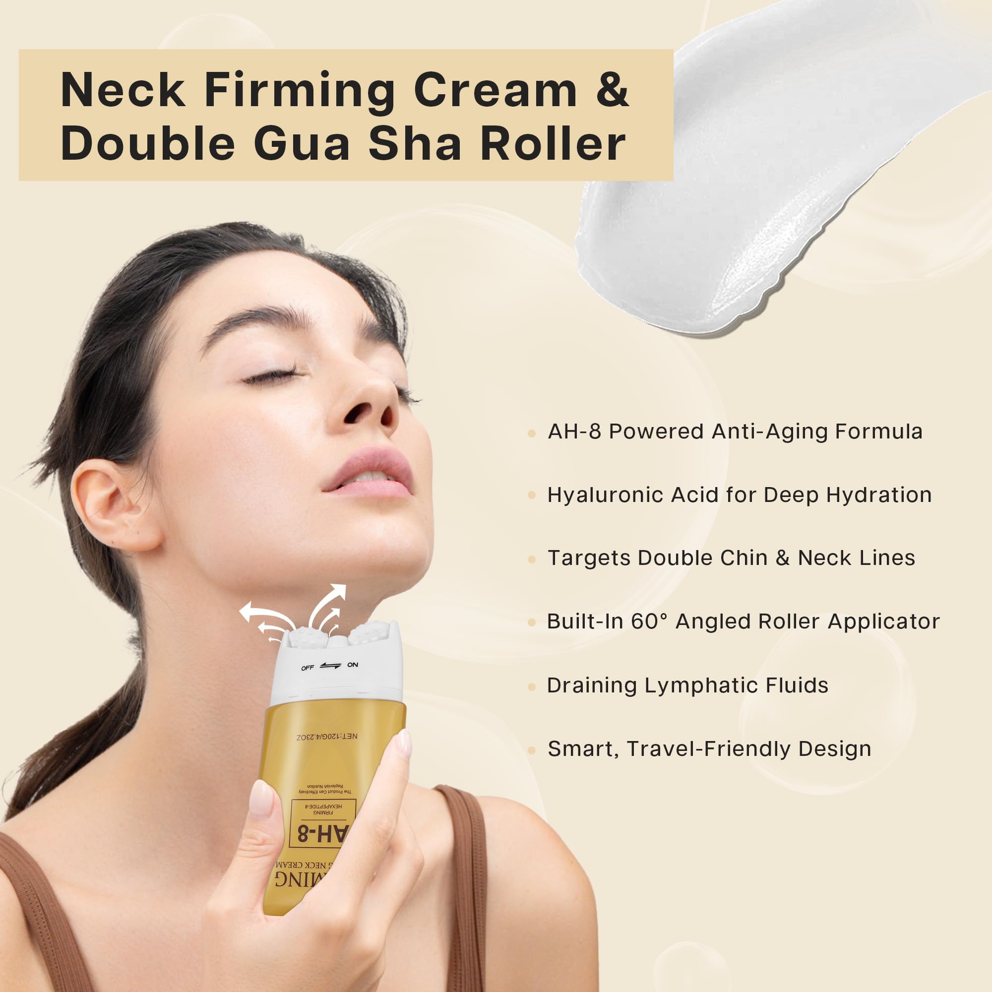 VRAIKO HOYGI AH-8 Firming Neck Cream, 2-in-1 Guasha Neck Moisturizer with Roller Applicator, for Saggy Skin Double Chin - Image 2