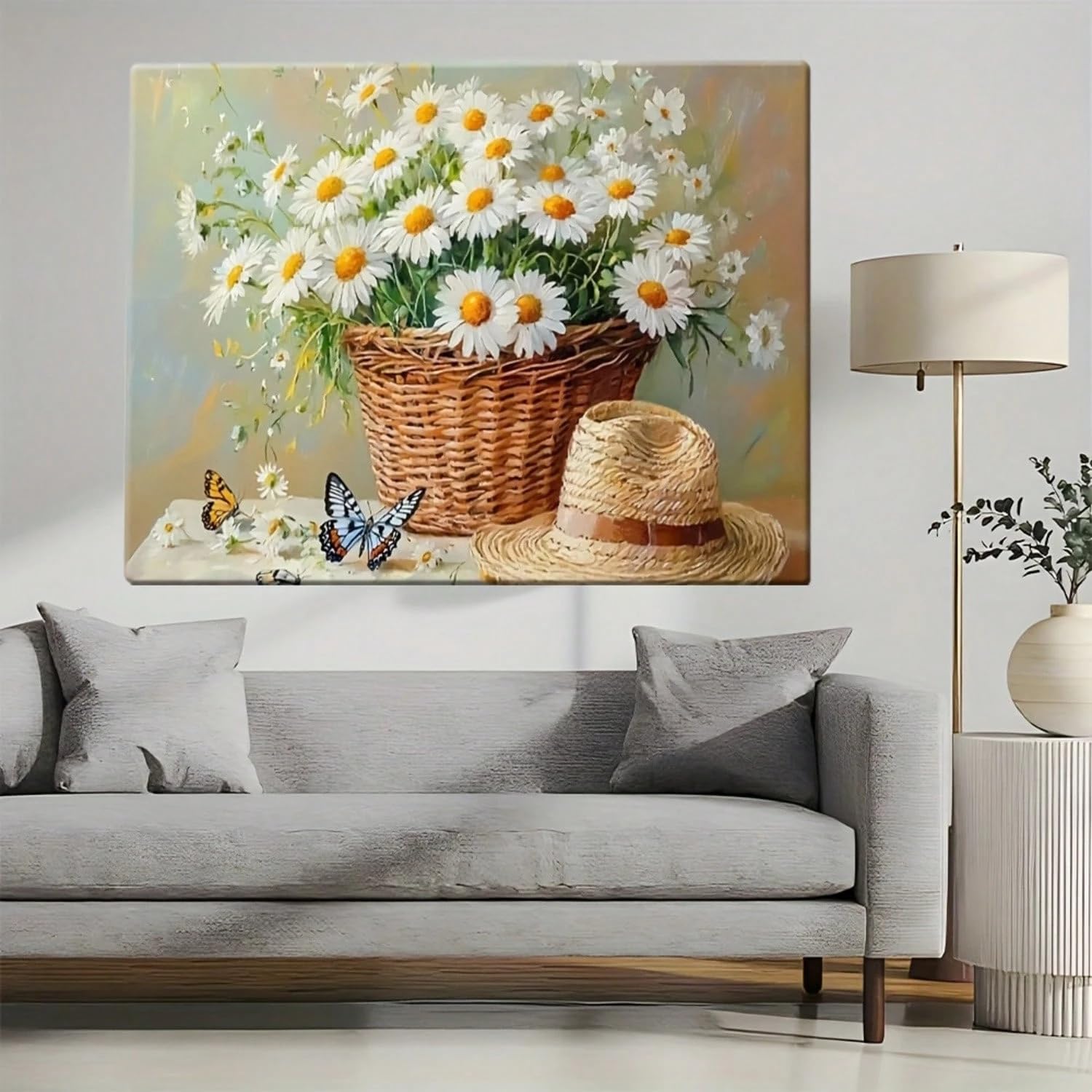 SPXLUCAW 1pc Canvas Wall Art, A Basket of Daisies Themed Print, for Living Room, Bedroom, Bathrooms Decor(30x40cm/No frame)