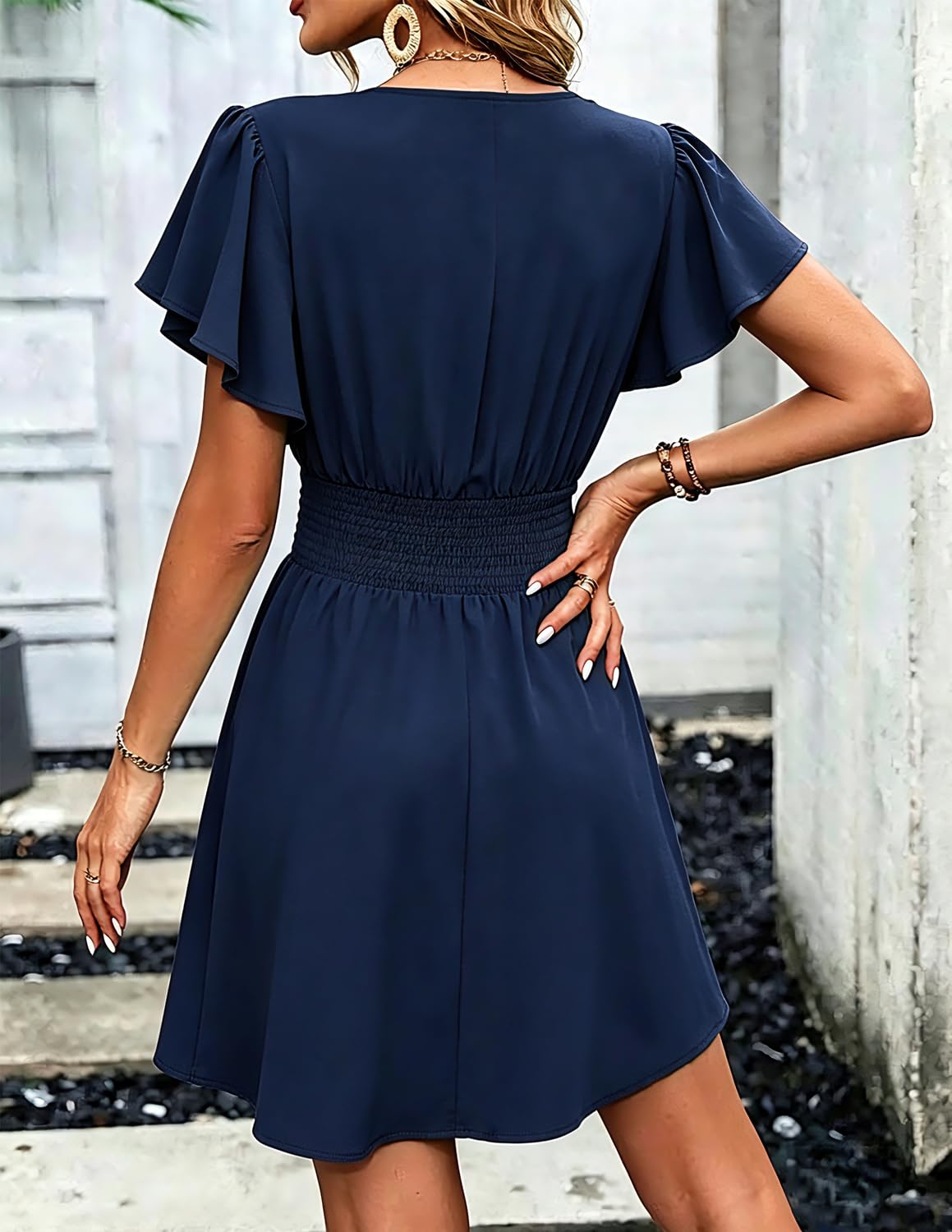 Damen Wickelkleid Sommer, V-Ausschnitt Kurzarm Kleid, Taillenbetont A-Linie Midikleid Elegant Party Freizeit
