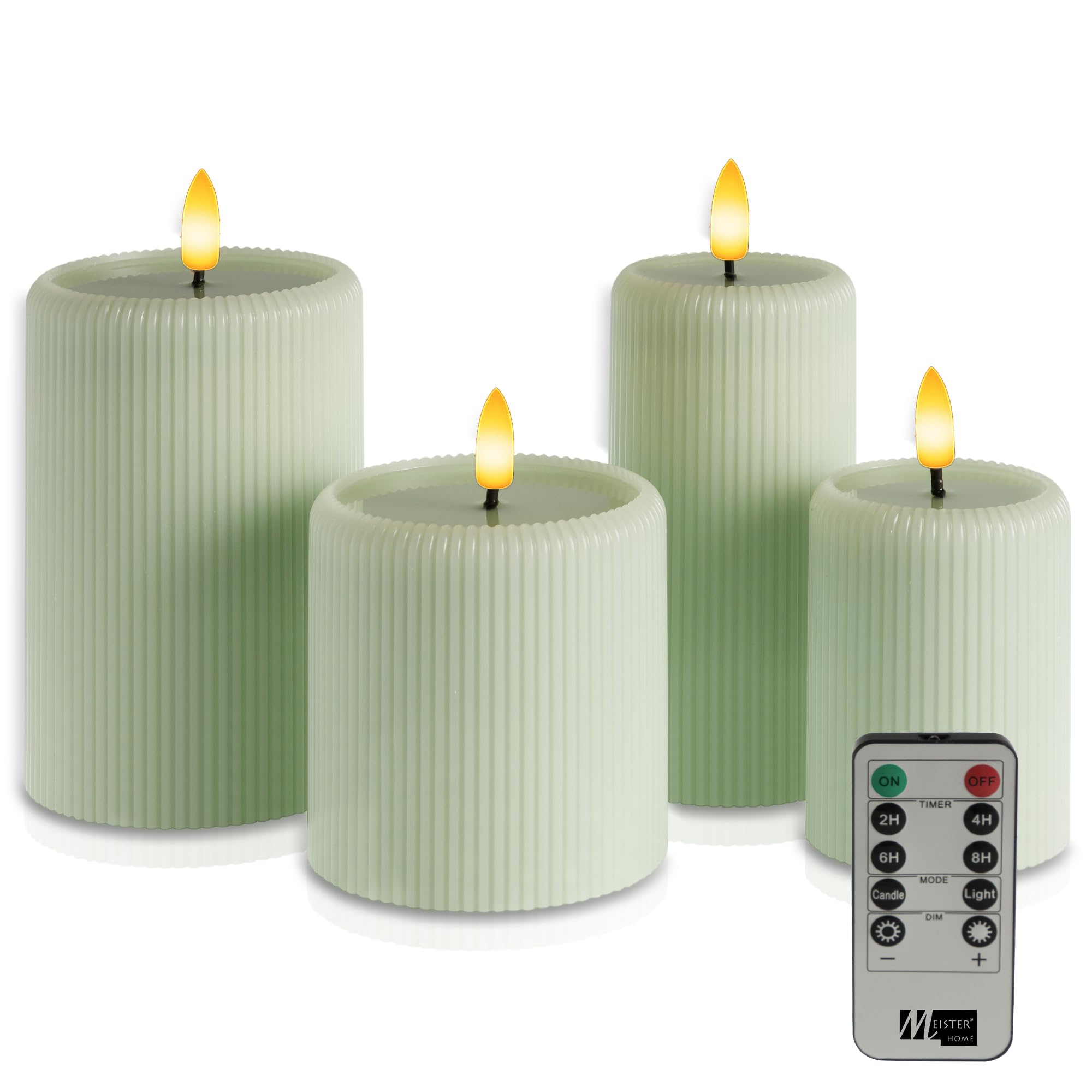 Meisterhome® LED-Kerzen 4er-Set Sage - Flammenlos – Stumpenkerzen mit Fernbedienung & Timer – batteriebetrieben – warmweißes Licht – Ø 7,5/10 cm, Höhe 10/15 cm – Riffel-Design – flackernde Flamme