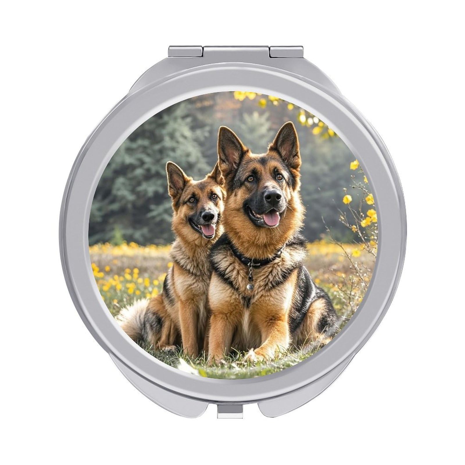 LZQPOEAS German Shepherd Dogs Travel Makeup Mirror 1X/2X Magnifying 2.4In Double Sided Metal Round Compact Mirrors Portable Mini Mirror for Purse, Pocket Folding Handheld for Women Gift