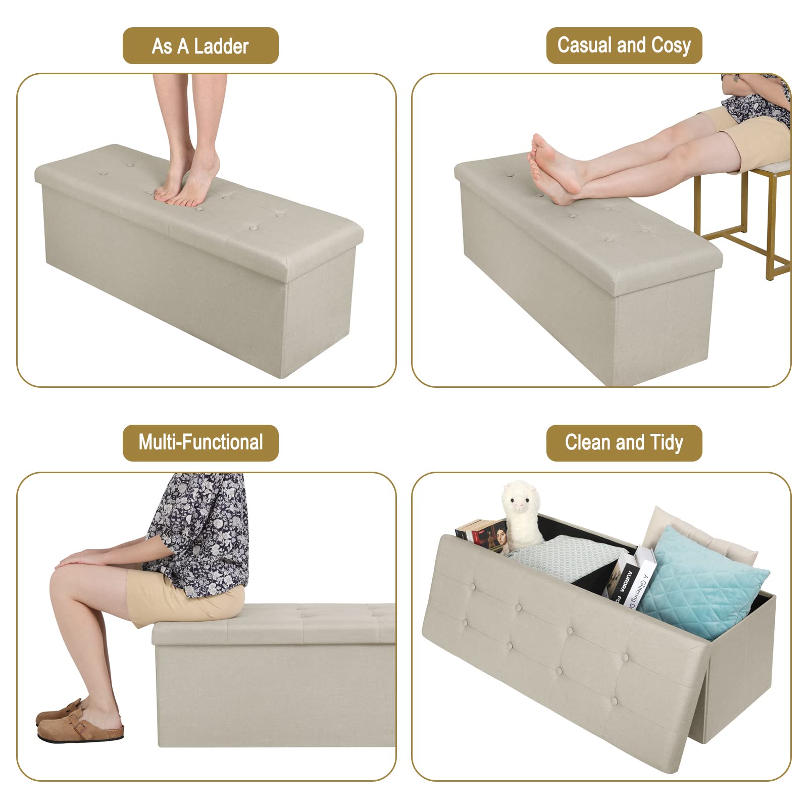 WOLTU Taburete con Espacio de Almacenamiento Caja de Tapa extraíble, Resto de Lino tapizado, 110x37,5x38 CM, Beige,