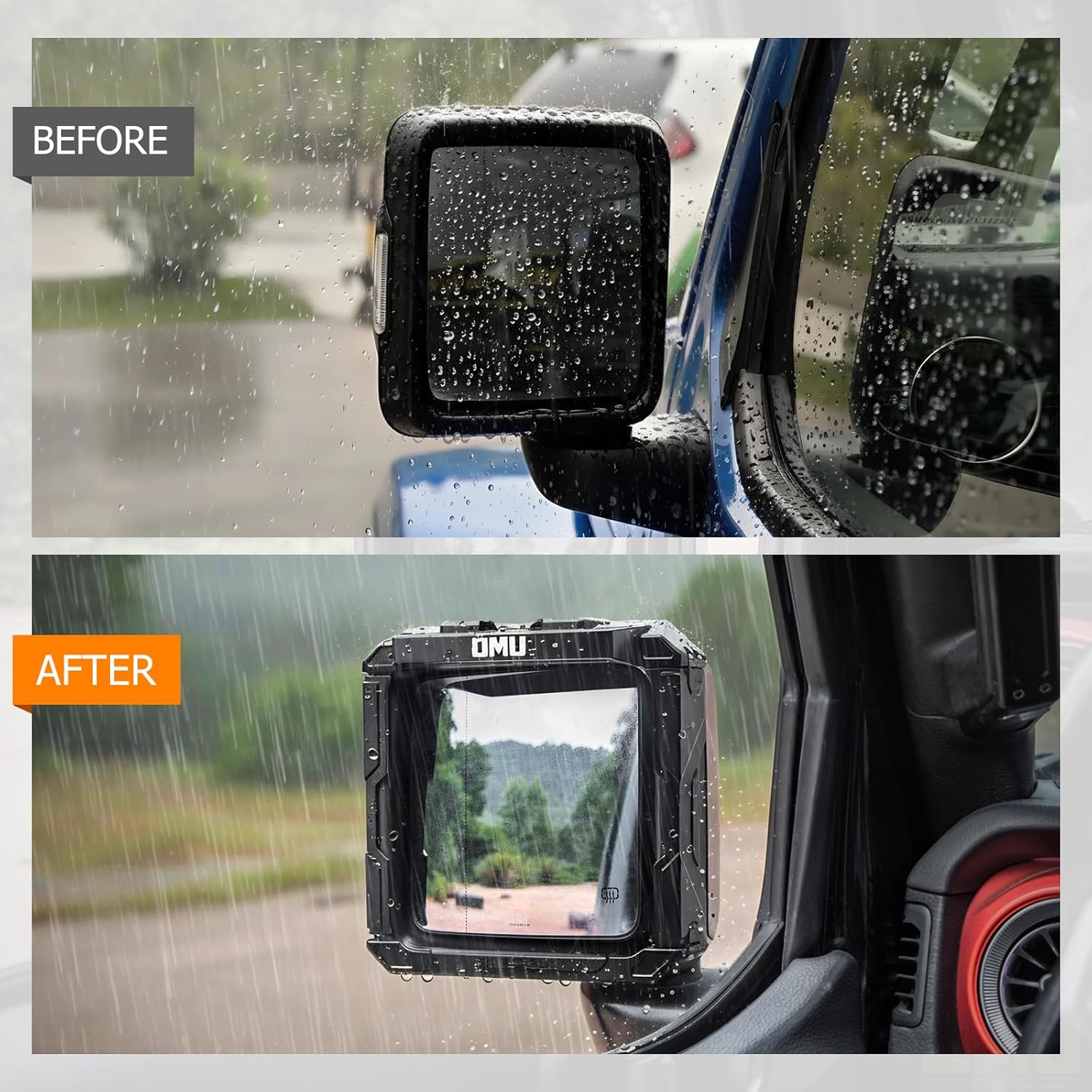 OMU 2PCS Aluminum Rearview Mirror Rain Visor Guard Frame Compatible with 2018-2024 Jeep Wrangler JL & 2020-2024 Jeep Wrangler Gladiator JT, Exterior Accessories (Black)