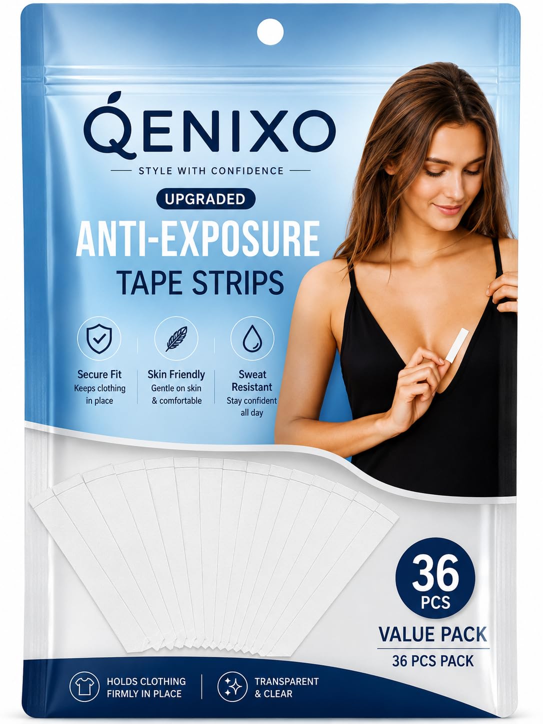 qenixo Fashion Tape for Women (36 Pieces) Transparent Double-Sided Clothing Tape Invisible Skin-Friendly Body Tape for Deep Neck, Backless, Strapless Dresses & Sarees | Strong Hold, Sweat Resistant-picture-21
