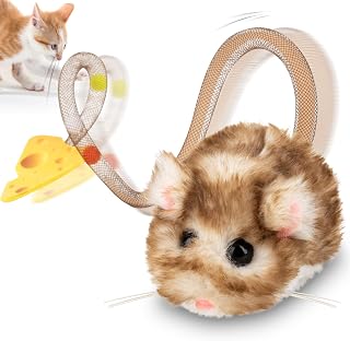 Migipaws MigiMouse Interactive Cat Toy - 360° Rolling Spinning Mouse with Motion Sensor, Squeak, Rechargeable & Catnip (Brown Long Tail)