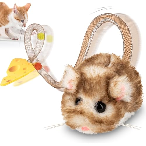 Migipaws Interactive MigiMouse Cat Toy 360° Rolling & Spin with Wiggling Tail for Indoor Cats Smart Motion Sensor, Realistic Squeak, Rechargeable Plush Kitten Toy(Brown Long)