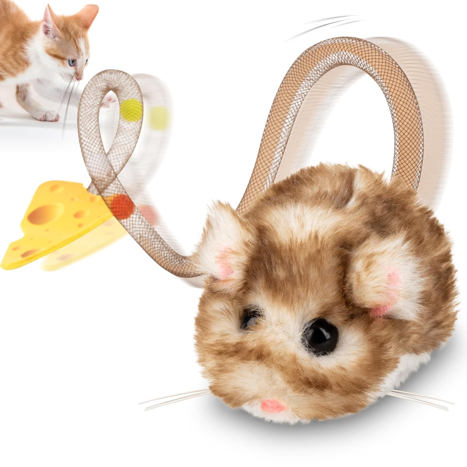 Migipaws Interactive MigiMouse Cat Toy 360° Rolling & Spin with Mesh Plastic Tail for Indoor Cats Smart Motion Sensor, Realistic Squeak, Rechargeable Plush Kitten Toy(Brown Long)