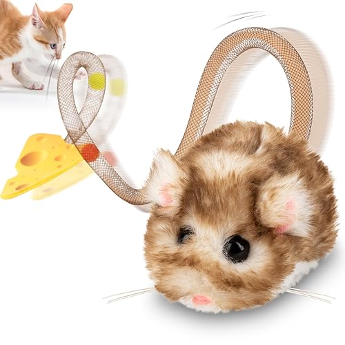 Migipaws Interactive MigiMouse Cat Toy 360° Rolling & Spin with Wiggling Tail for Indoor Cats Smart Motion Sensor, Realistic Squeak, Rechargeable Plush Kitten Toy (Brown Long Plush) - Fuzzy-Brownie