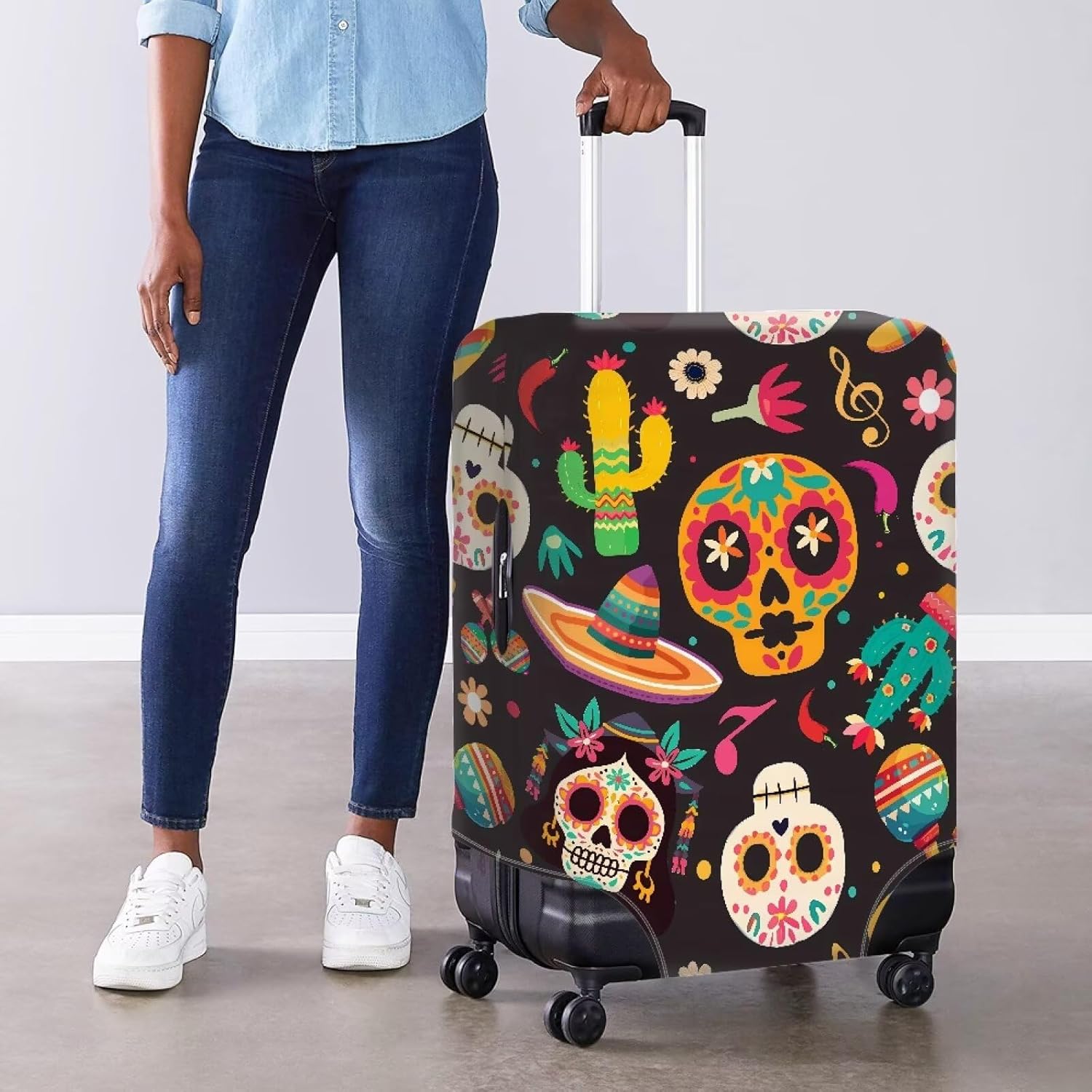 Sugar Skull Travel Luggage Cover Polyester, Mexican Cactus Day of the Dead Thickened Suitcase Cover With Concealed Zipper Anti-Scratch Protective Covers - XL
