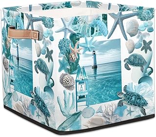 13x13 Inch Storage Basket Bin Turtle Starfish Collage Cloth Storage Cube Box Toys Clothes Towels Organizer for Kids Room Bedroom Shelves Pantry