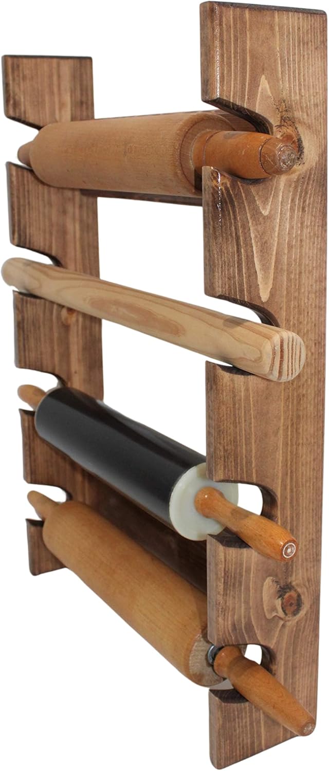 Wooden Rolling Pin Display Rack – Holds 4 Rolling Pins – Wall Mounted Storage for Bakers & Collectors – Provincial Stain Color
