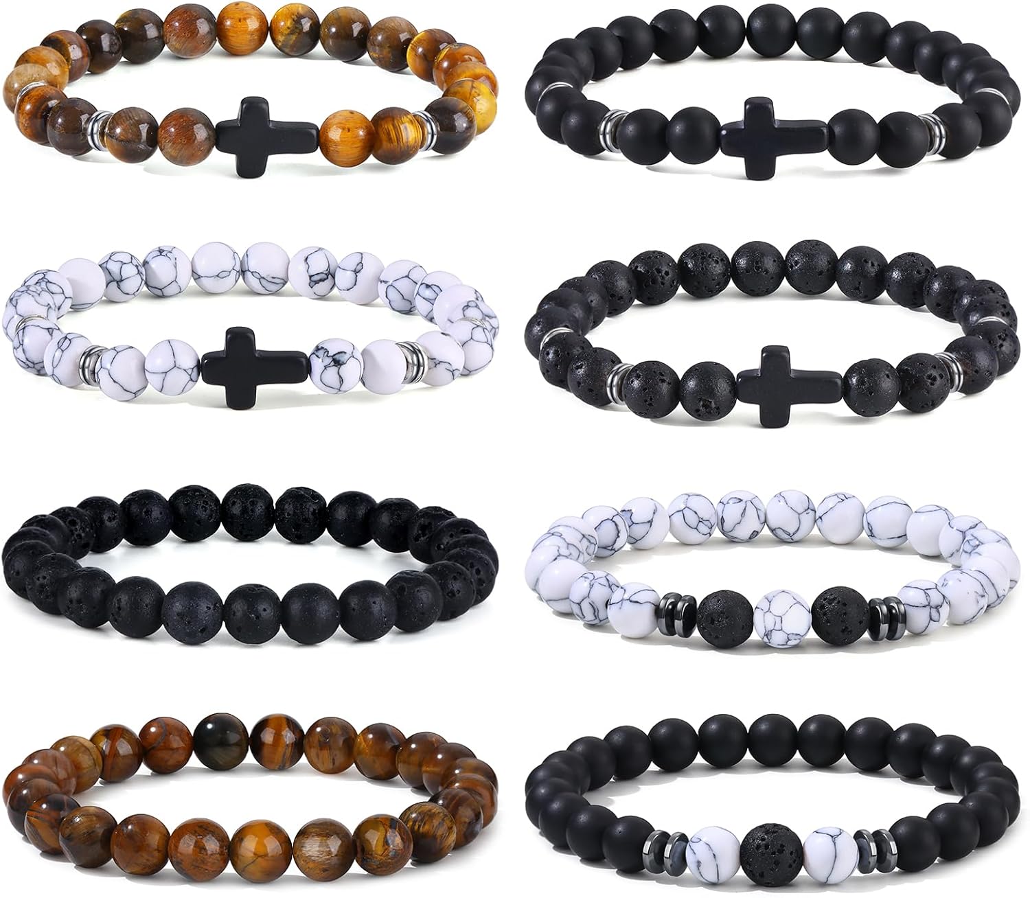 Giovanchi 4-12PCS Bracelets for Men, 8MM Mens Bracelets Lava Rock Black Obsidian Howlite Tiger Eye Beaded Natural Stone Bracelet Jewelry Gifts for Birthday Christmas