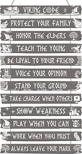 Vista 15 de Thinkday Decoración vikinga, letrero nórdico, código vikingo, decoración de pared, runa nórdica pagana de madera, valknut nórdico medieval vegvisir