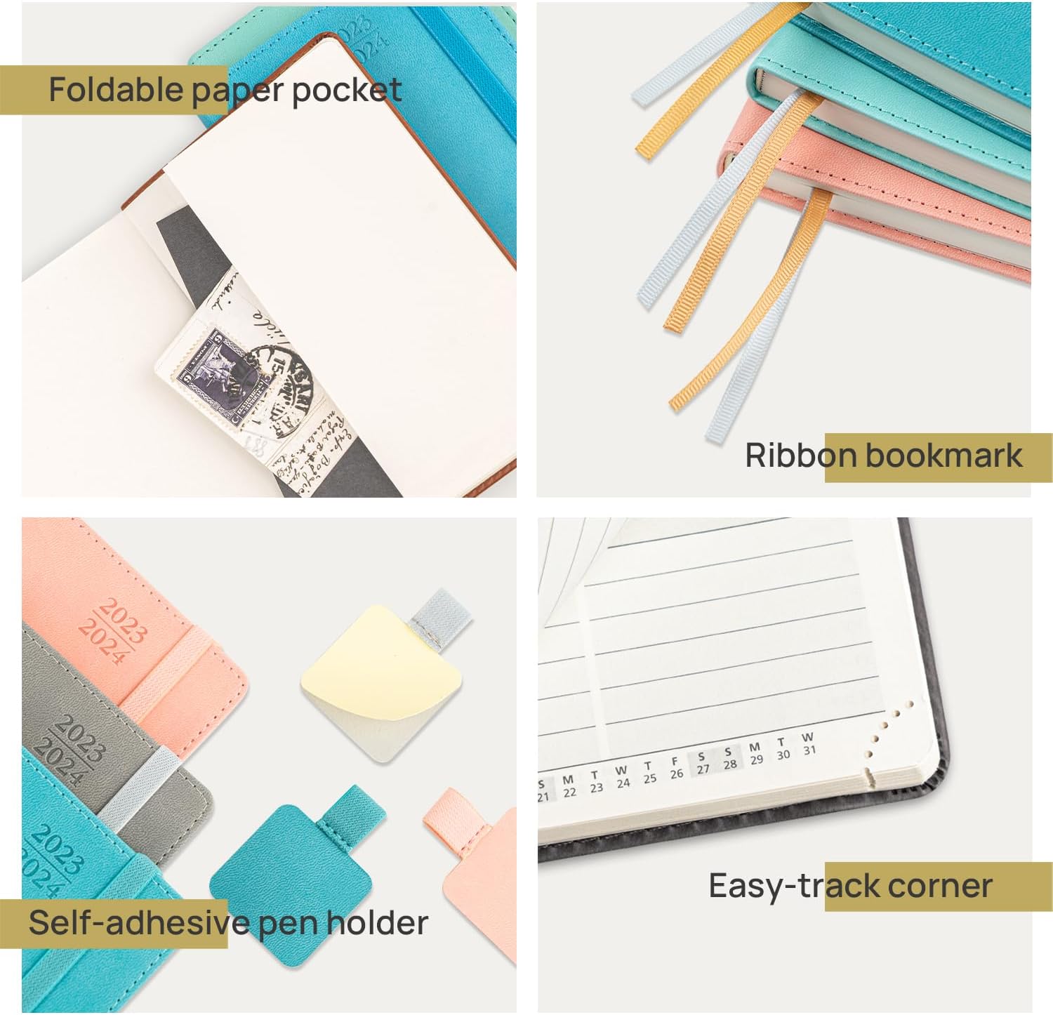 POPRUN 2024 Planner Pocket Size (4.5'' x 6.25'') 2024 Year Calendar with Hourly Time Slots, Weekly & Daily Organizer, Leather Soft Cover - Pink