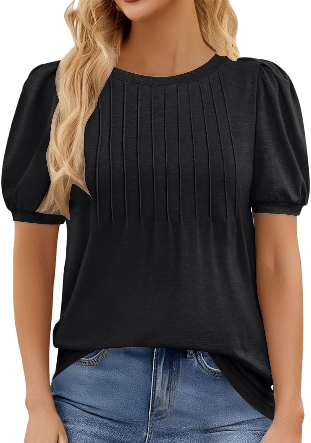 Women's Dressy Casual Blouses Business Work Tops Pleated Front Mock Neck Lace Trim Short Sleeve Office Shirts