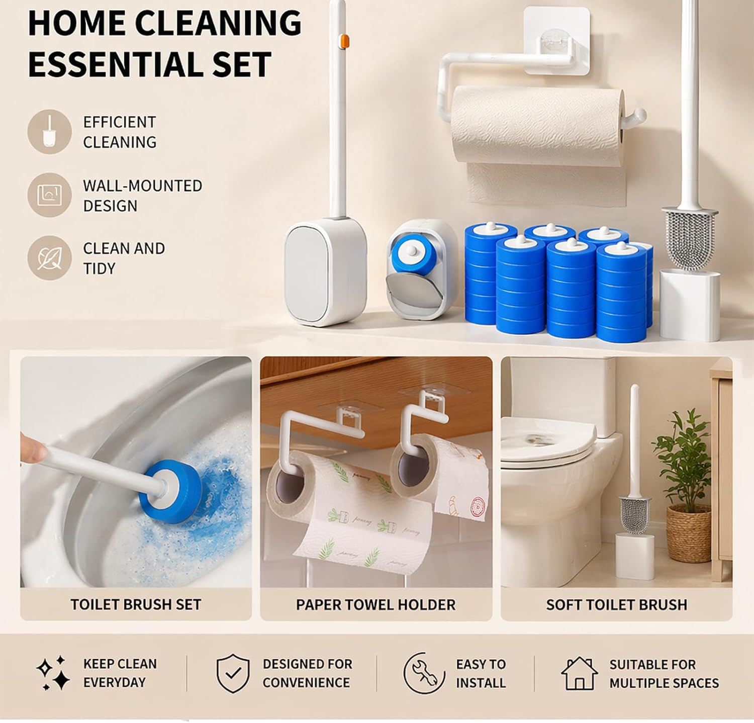Toilet Brush with Storage - Disposable Heads - Wall Mount Paper Holder image 3