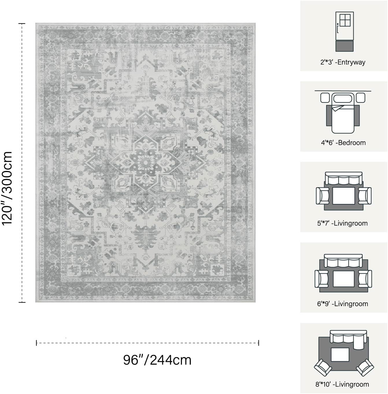 rugxara 8x10 washable area rug for living room, extra large neutral vintage boho rugs for office, kids room, farmhouse, durable low pile non slip carpet for high traffic areas, light grey grey 8' x 10' (rectangular)
