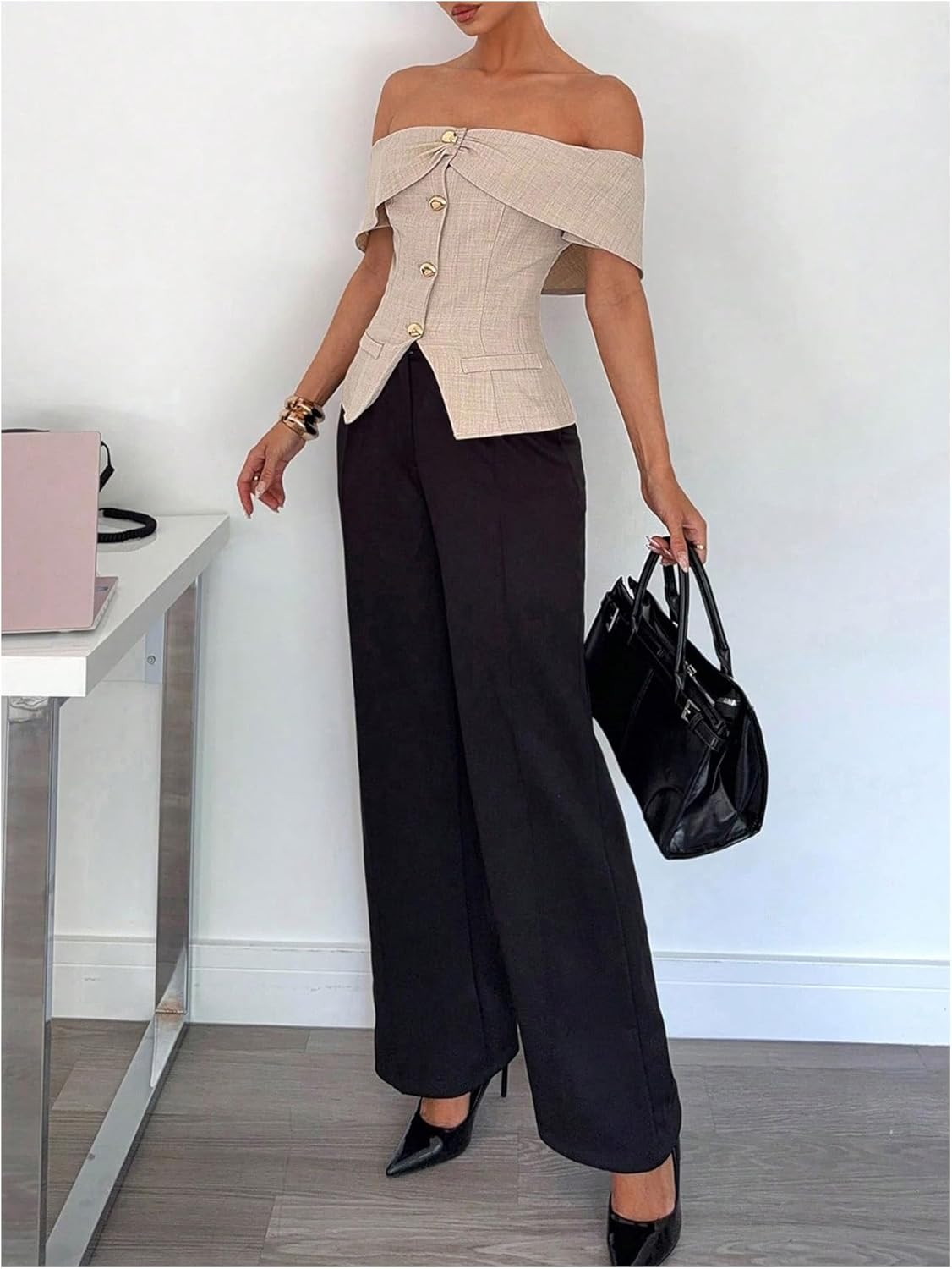 OYOANGLE Women's Metallic Button Up Off Shoulder Top Dressy Blouse Business Casual Outfits