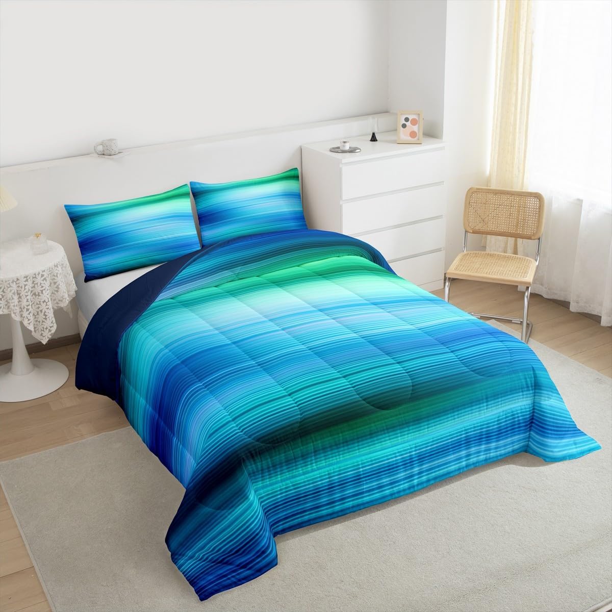 Erosebridal Abstract Art Comforter Green Blue Gradient Bedding,Geometric Striped Bedding Sets & Collections Surf Ocean Waves Down Comforter Twin Size Dreamy Glowing Duvet,Breathable Cozy 2-Piece