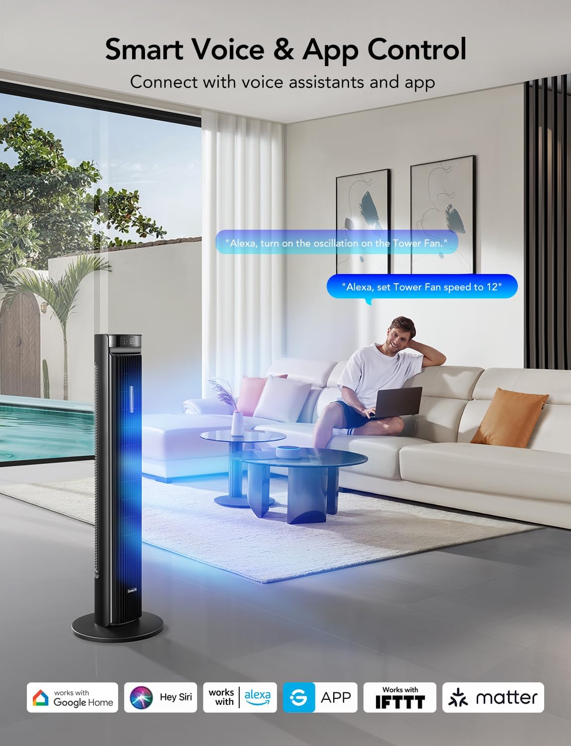 GoveeLife 42'' Tower Fan for Bedroom, Smart Floor Fans with 150° Adjustable Oscillating, APP & Voice Control, 5 Modes 12 Speeds up to 26ft/s, 24H Timer, 27dB Quiet Fan for Cooling Home Office Black