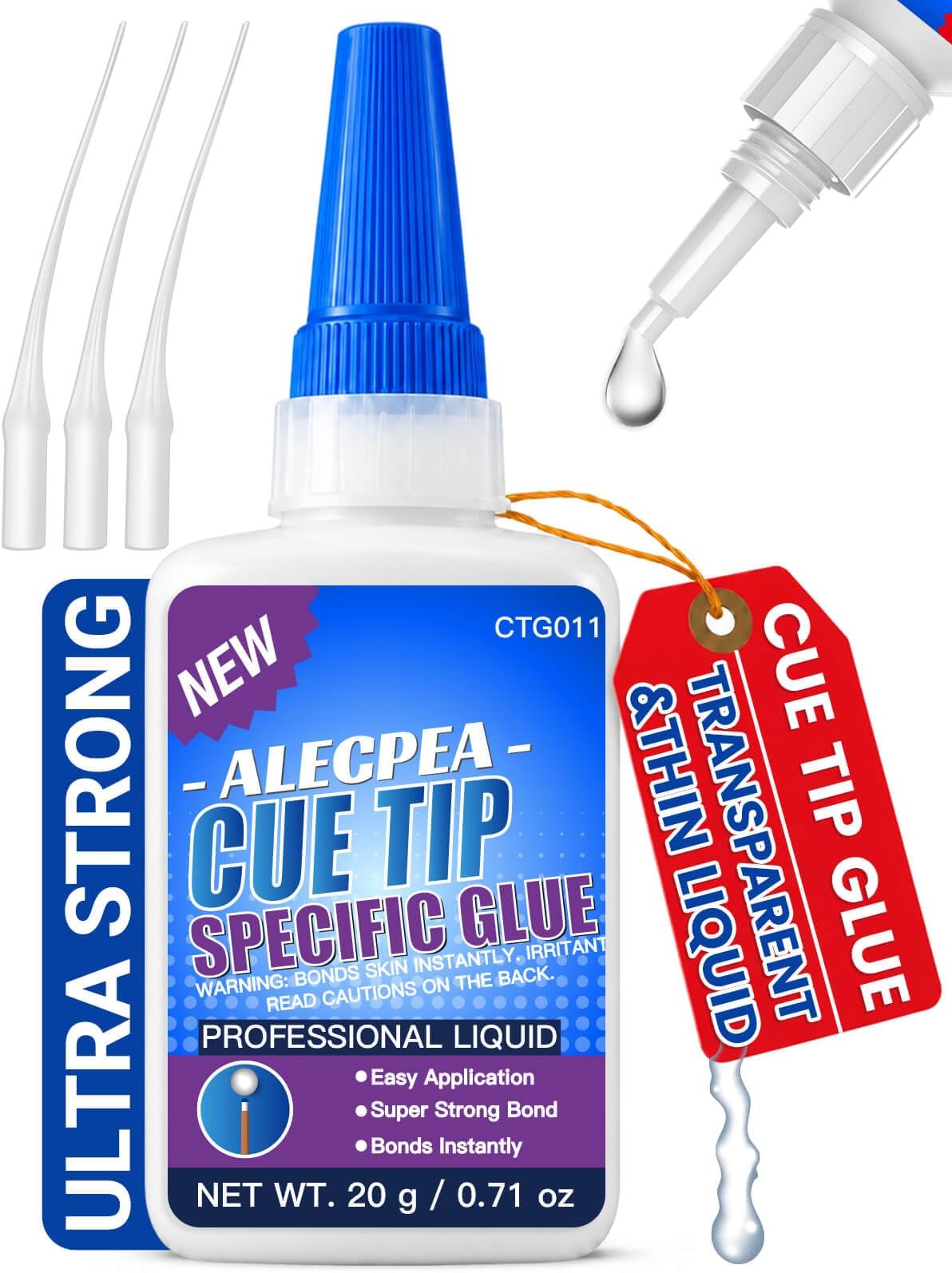 Pool Cue Tip Glue, 20g Thin Billiard Cue Repair Adhesive | Thin Formula Wicks Into Small Gaps, Sets In 15 Seconds, And Includes 3 Droppers For Tip And Ferrule Repairs