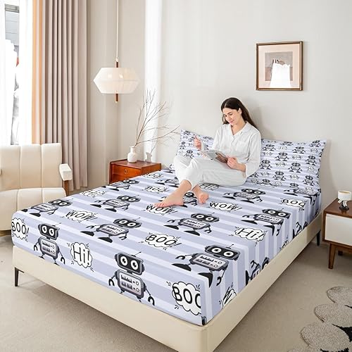 Miniatura 7 de Erosebridal Juego de ropa de cama de robot para niños, tamaño matrimonial, juego de sábanas para dormitorio, sábanas de microfibra suave con diseño