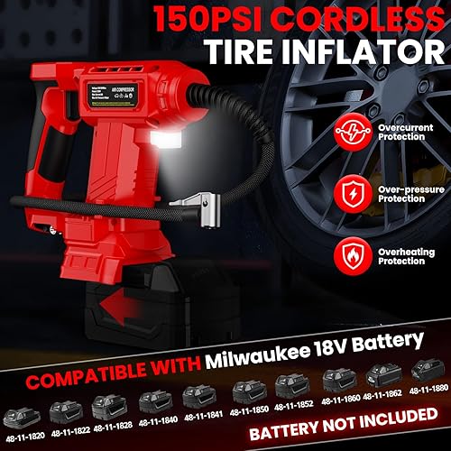 Miniatura 3 de Compresor de aire inalámbrico para inflador de neumáticos Milwaukee de 18 V, bomba de aire portátil de mano de luz LED de 160 PSI con manómetro