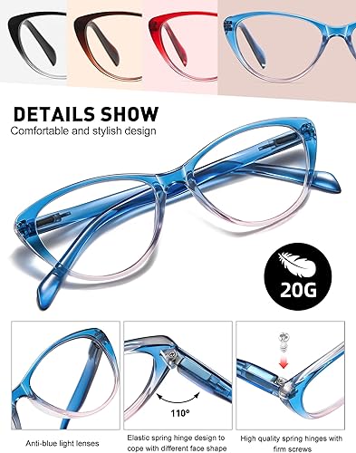 Miniatura 10 de Lentes de lectura de ojo de gato para mujer, bloqueo de luz azul, lectores para mujer de 2.75 pulgadas con bisagras de resorte cómodas, anteojos de