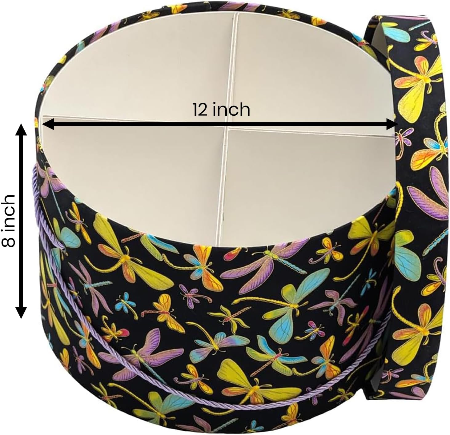 Sarah's Hat Boxes Yarn Storage Box – Dragonfly Design with Black Background & Gold Accents,12” Round x 8” Tall, 4 Skeins – Handmade Knitting & Crochet Organizer with Handle & Yarn Feeder Holes