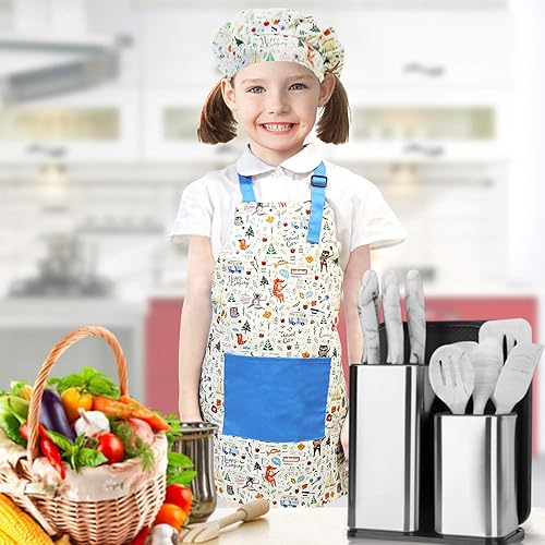 Miniatura 4 de Jennice House - Juego de delantal y gorro de chef para niños con correa ajustable para el cuello y bolsillos para niños y niñas para cocinar