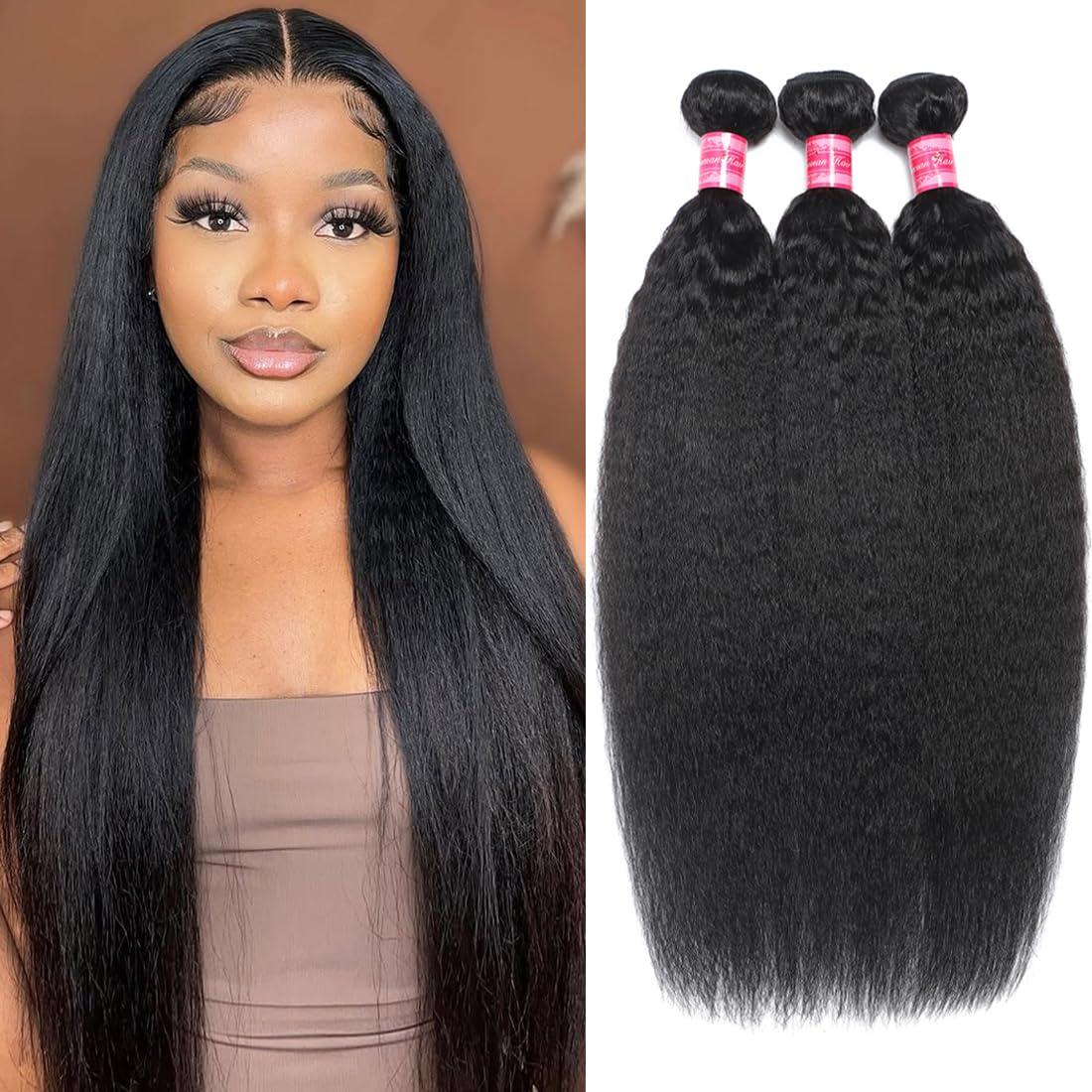 Brazilian Kinky Straight Bundles Human Hair(18 20 22 Inch)12A 100% Unprocessed Brazilia Virgin Human Hair Yaki Straight 3 Bundles for Black Women Natural Color