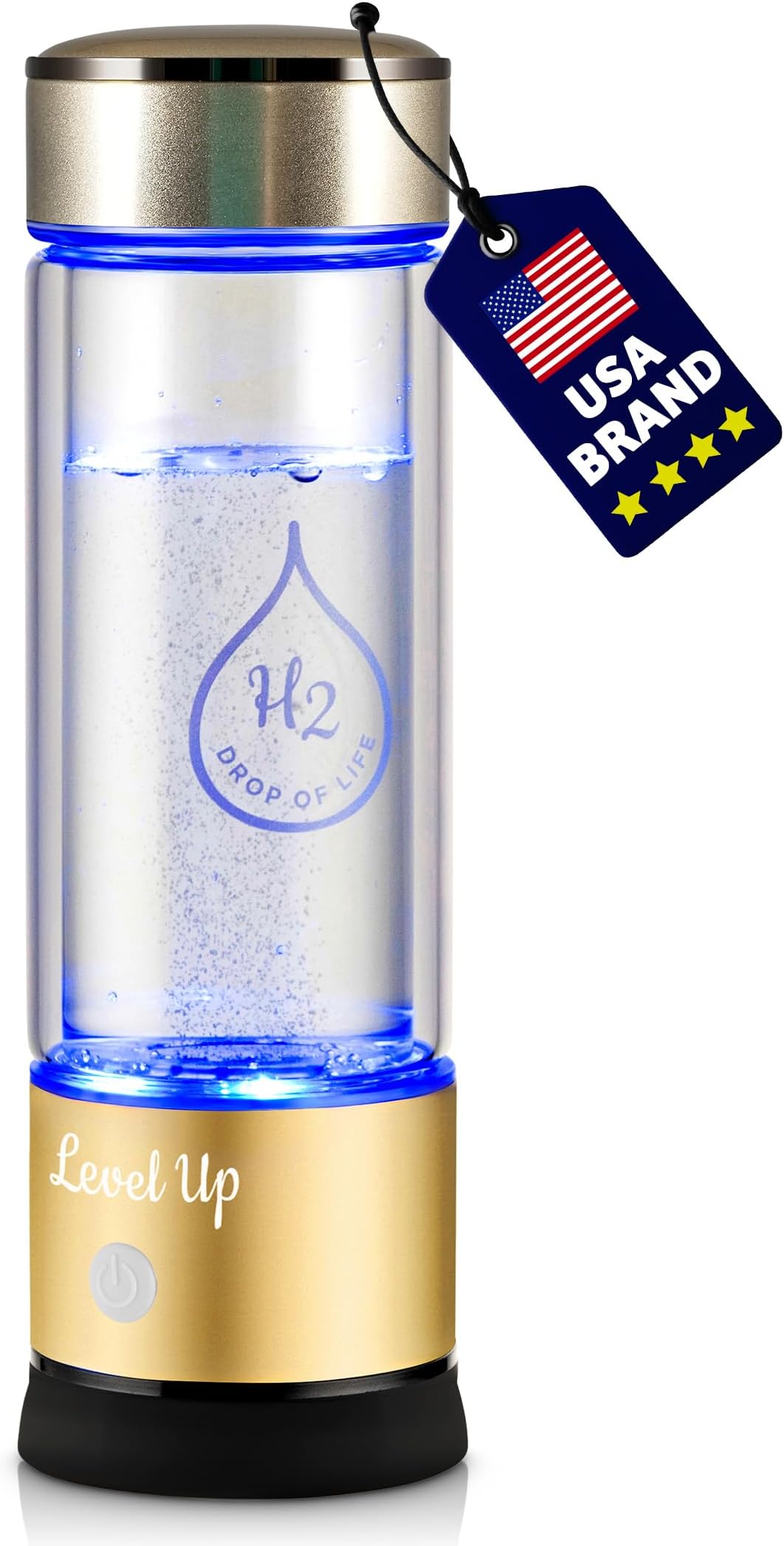 LevelUpWay 2025 Hydrogen Water Bottle Generator – New Technology Glass with SPE PEM Ionic Membrane – High Borosilicate Glass – 13 Ounce (Gold) – Premium Hydration Solution