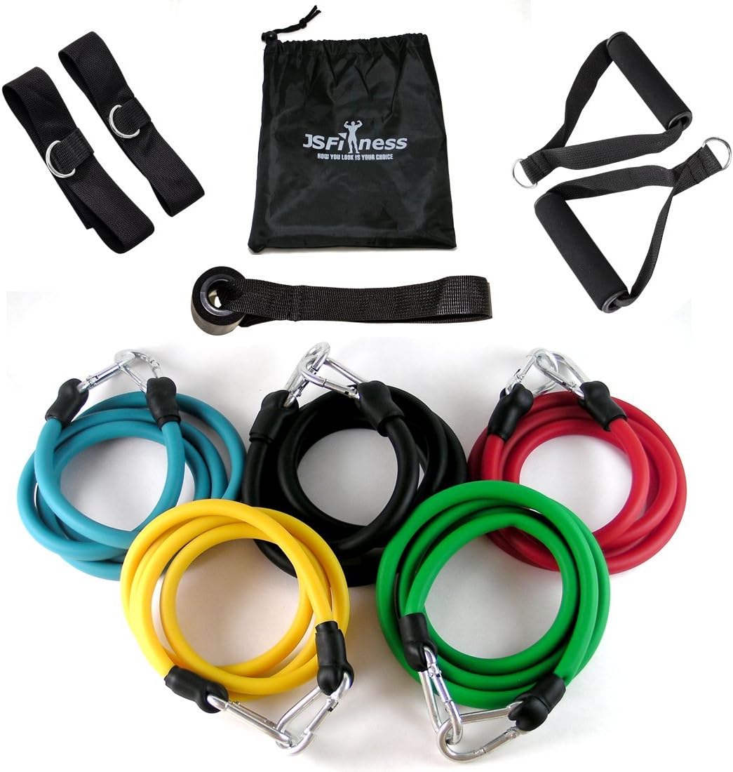 JS Fitness Resistance Band Set with Door Anchor, Ankle Strap, Handles, and Resistance Bands Carrying Case