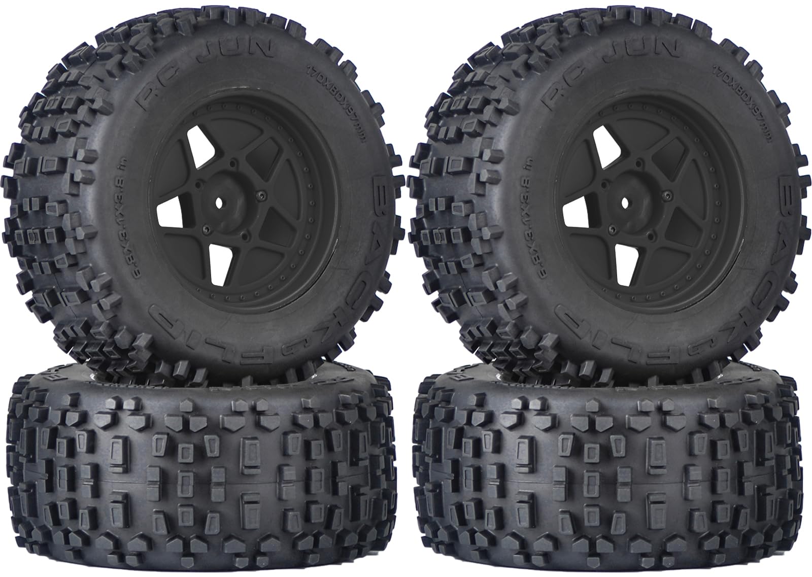 3,8 Zoll MT Monster Truck Reifen mit Schaumstoffeinlage - Inklusive 17mm/14mm/12mm Hexadapter, Kompatibel mit TRAXXAS Sledge, ARRMA KRATON, Outcast, Tamiya, HSP (4er-Set), Ersatzteil für AR510092