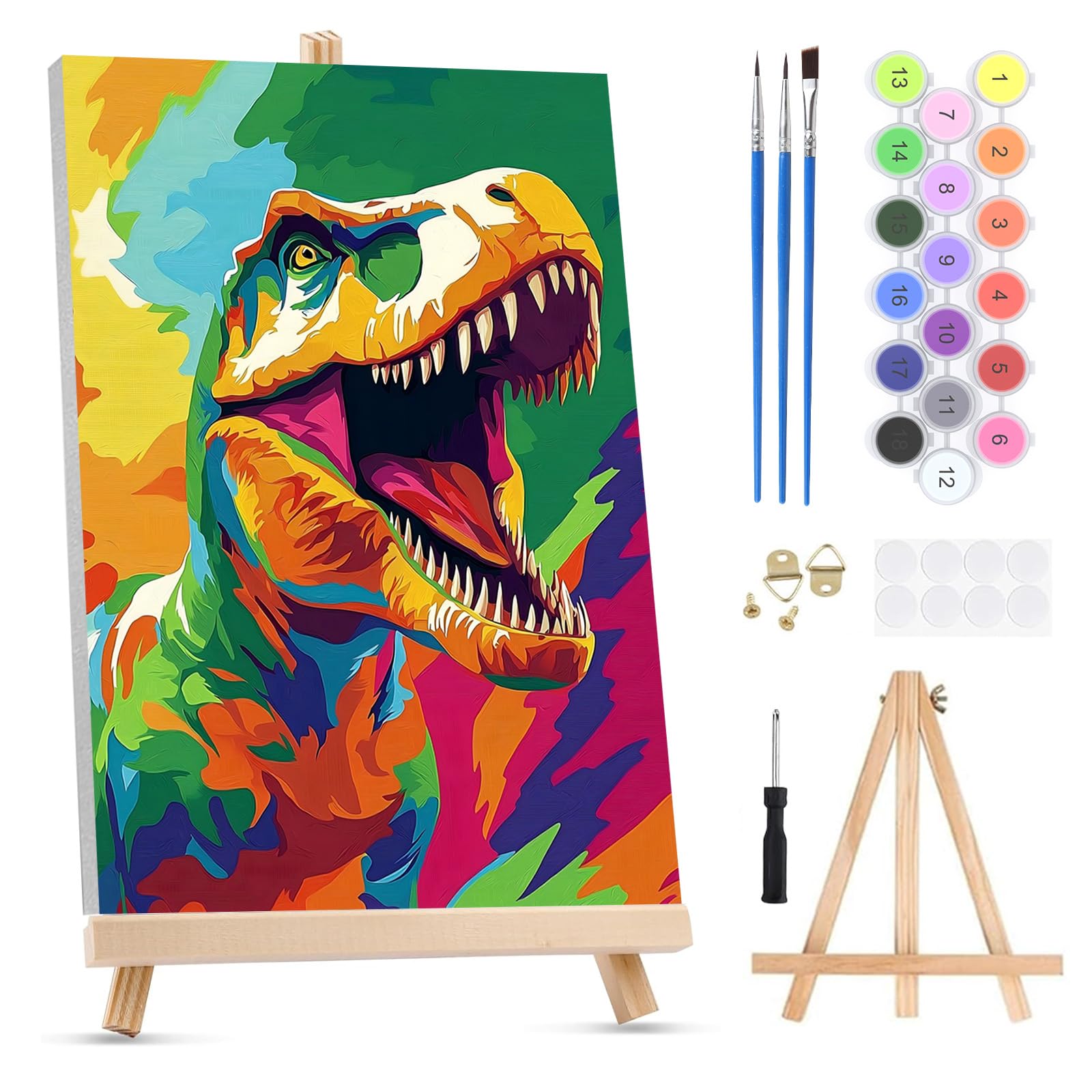 QENSPE Paint by Numbers for Adults on Framed Canvas - with Wooden Easel, Colorful T-Rex Painting by Number Kit for Beginners, DIY Cartoon Acrylic Oil Painting for Home Wall Decor 8x12 Inch