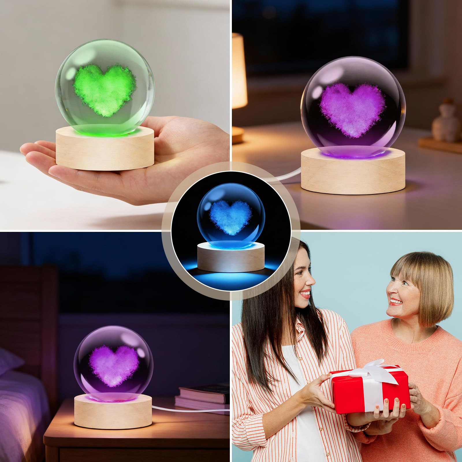 Kryształowa kula 3D w kształcie serca – wielokolorowa lampka nocna LED, zasilana przez USB, szklana ozdoba z drewnianą podstawą, dekoracja domu, prezent urodzinowy, zawieszka na egzamin, zawieszka do