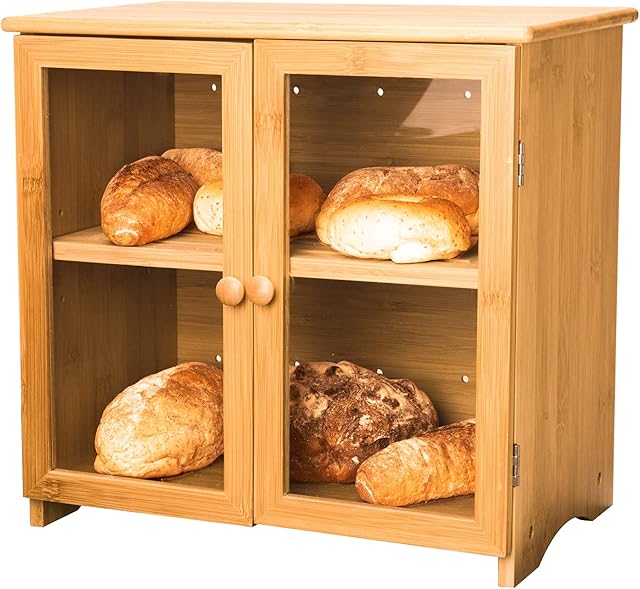 Leader Accessories 2-Layers Bamboo Adjustable Bread Box Double Door Adjustable Storage Space for Kitchen 36x23x34cm