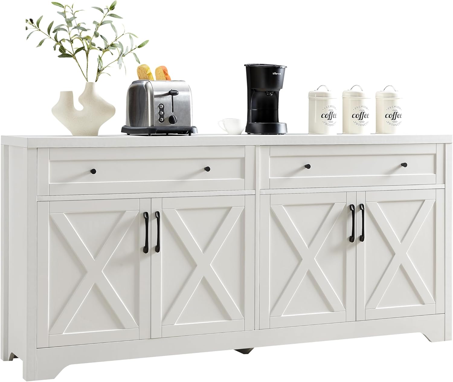 Buffet Cabinet with 2 Drawers, 62" Large Sideboard Buffet Storage Cabinet with 4 Barn Doors and Shelves,Modern Farmhouse Coffee Bar Wood Kitchen Table for Kitchen, Dining Room (White)