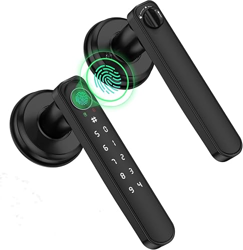 HEI LIANG Fingerprint Smart Door Lever,Keyless Entry Door Handle with App Control&Auto Lock,Minimalist Digital Lock with Hidden Keyhole for Bedroom,Home Office or Airbnb Hosts,Black