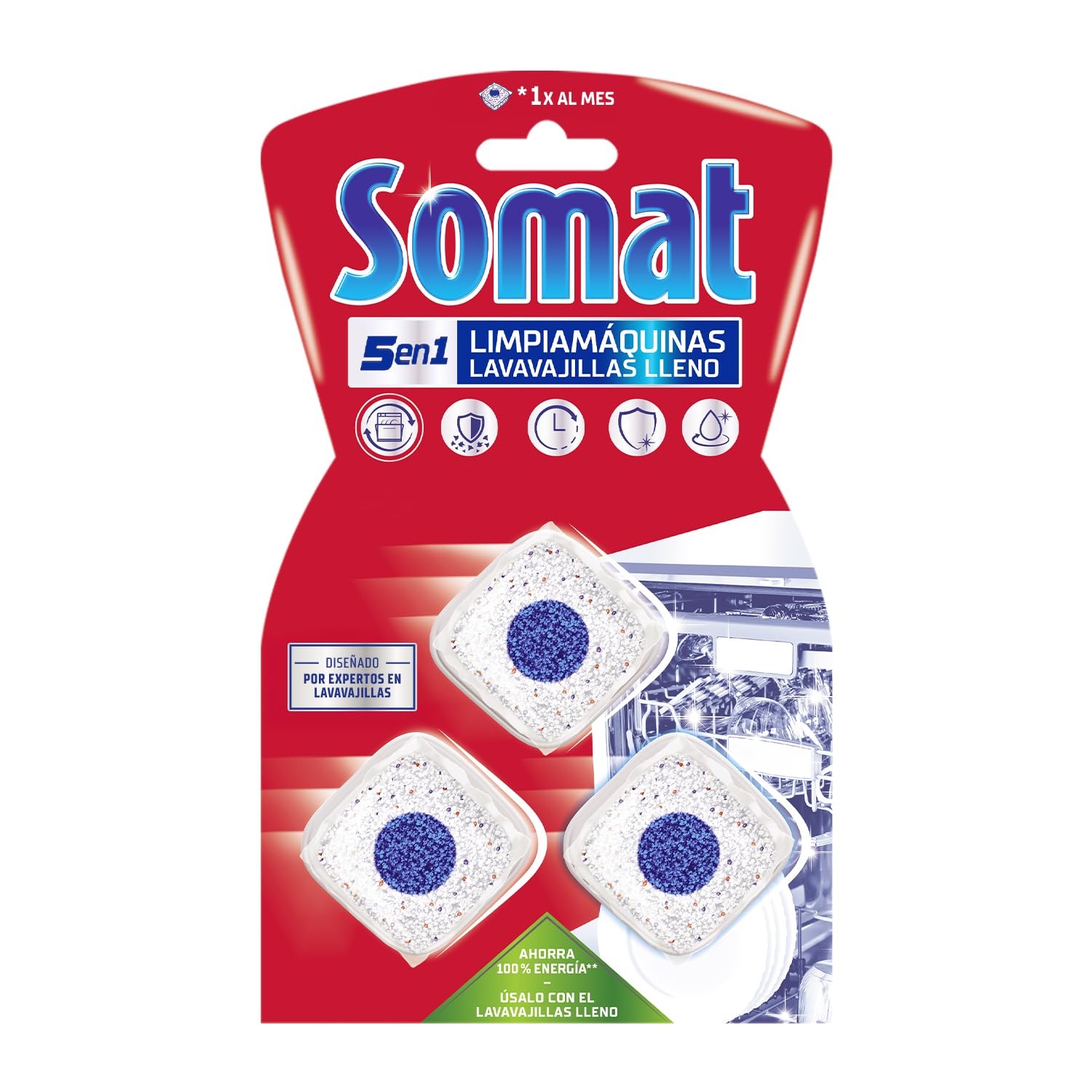 Somat Limpia Máquinas Lavavajillas Lleno, 3 Pastillas Limpiadoras (Pack de 6), Limpieza Profunda del Lavavajillas, Elimina Grasa, Cal y Residuos, Mantenimiento Eficaz y Fácil Uso Sin Ciclo Adicional